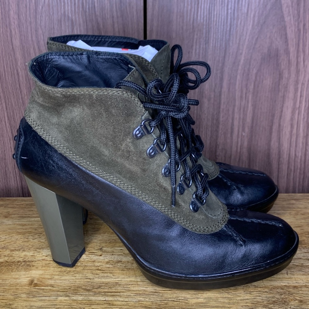 Tods Duck Ankle Boot Heels Army Olive Green Suede Black  Lace Up Size 37